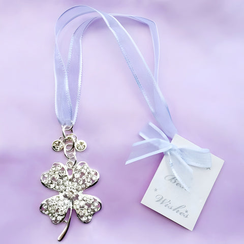 Silver 4 Leaf Clover with Crystal Diamantes Wedding Bridal Good Luck Charm