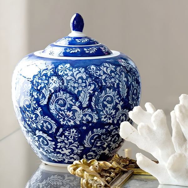 Hamptons Blue & White Floral Blossom Ceramic Decorative Ginger Temple Jar