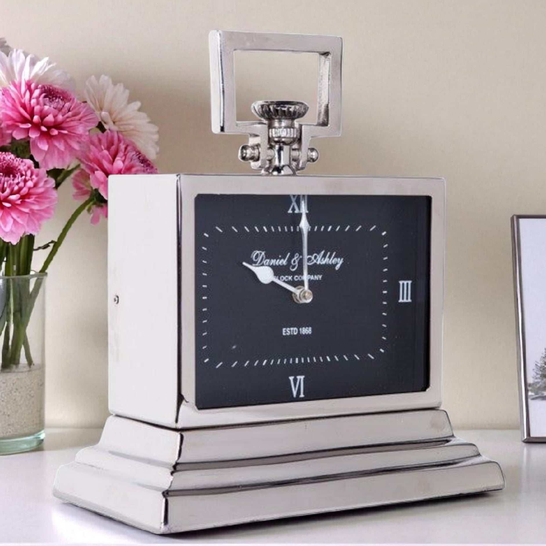 Silver Nickel Plated Black Face Daniel & Ashley Mantel Clock
