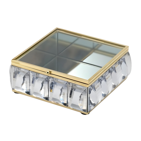 Gold Framed Square Mirrored Jewellery Box & Sparkling Bevelled Glass Crystal Jewels