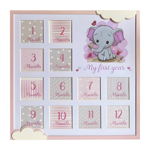 Pink Baby Girl Elephant My First Year 12 Months Multi Photo Frame