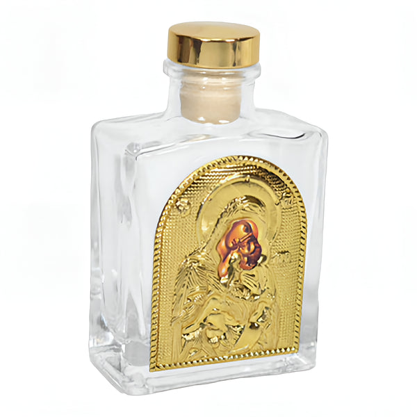Orthodox Holy Mother Mary Icon Glass Bottle with Gold Lid