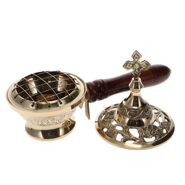 Orthodox Brass Metal Religious Incense Burner With Cross Top & Wooden Handle