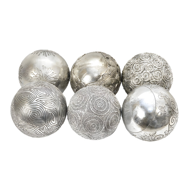 Set of 6 Silver Resin Decorative Tabletop Balls