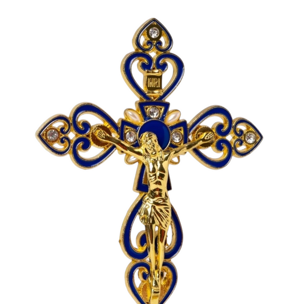 Blue & Gold Chrome Plated Standing Religious Crucifix Cross