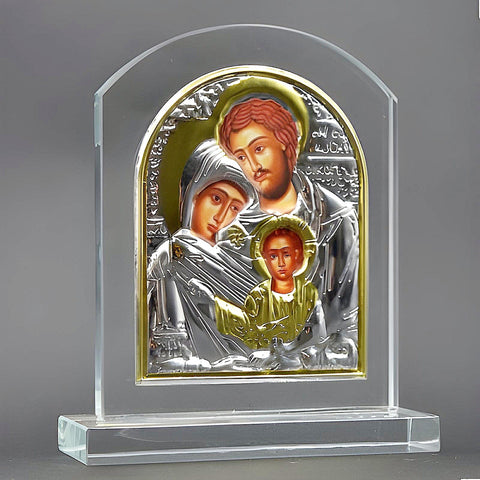 Orthodox Gold & Silver Plated The Holy Family Glass Icon Plaque Stand