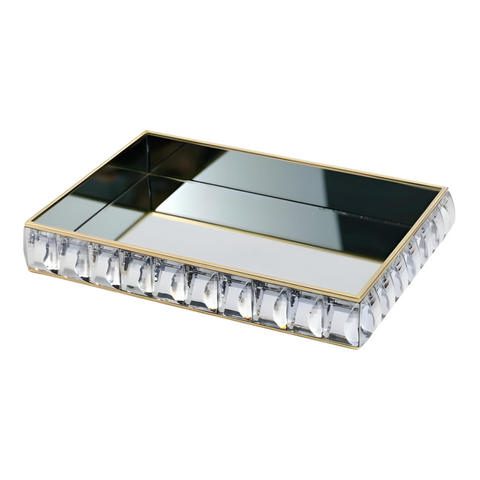 Gold Framed Rectangle Mirror Tray & Sparkling Bevelled Glass Crystal Jewels