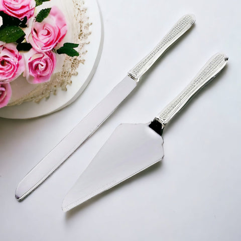 Set 2 Silver Cake Server & Knife with Crystal Diamantes Handles