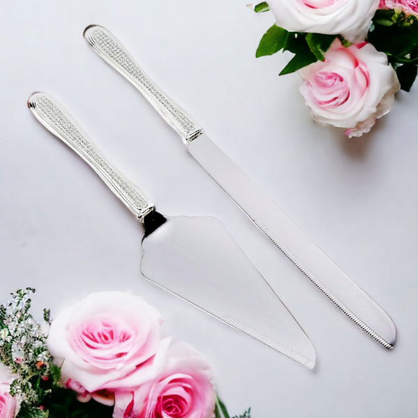 Set 2 Silver Cake Server & Knife with Crystal Diamantes Handles