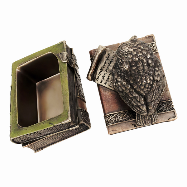 Veronese Bronze Scholar Wise Owl On Books Resin Trinket Box Figurine