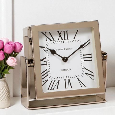 Small Silver Nickel Plated Square Tower Bridge Mantel Clock