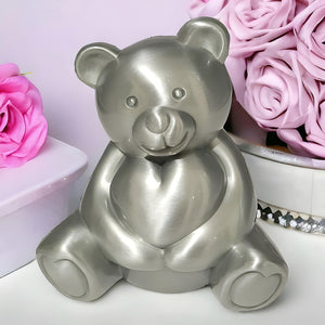 Children's Silver Pewter Teddy Bear Holding Love Heart Money Box