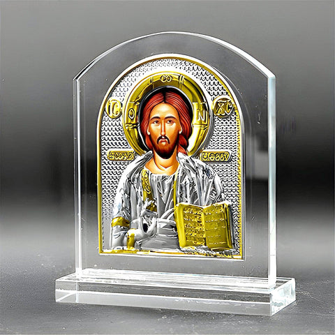 Orthodox Gold & Silver Plated Jesus Christ Glass Icon Plaque Stand