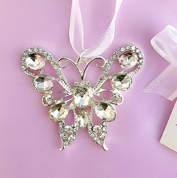 Silver Butterfly with Crystal Diamantes & Gems Wedding Bridal Good Luck Charm