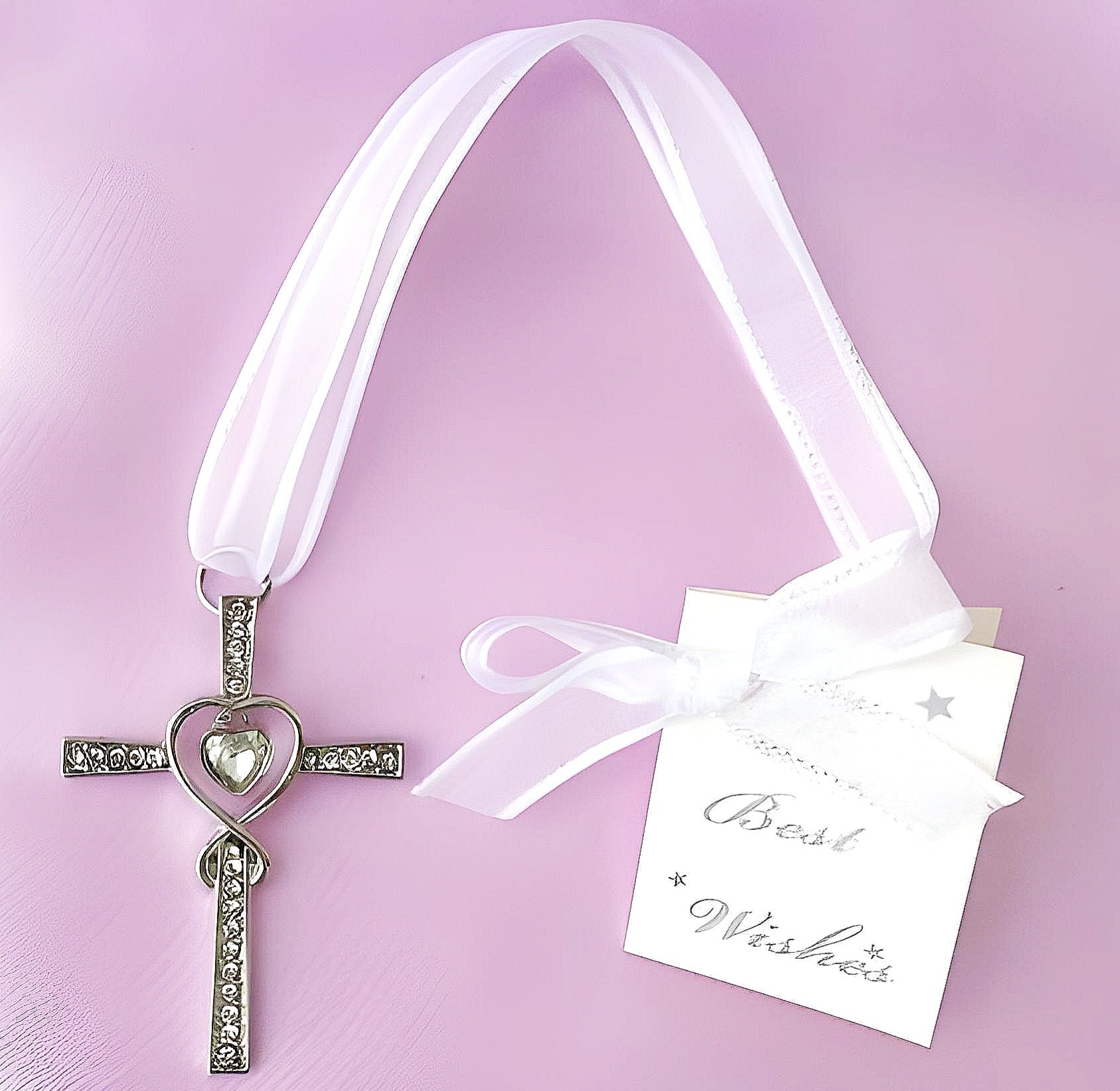 Silver Cross & Love Heart with Crystal Diamantes Wedding Bridal Good Luck Charm