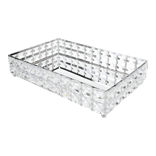 Silver Plated Rectangle Mirror Tray & Sparkling Bevelled Glass Crystal Jewels