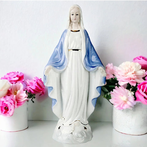Blue & White Holy Mother Mary Praying with Open Arms Ceramic Statue