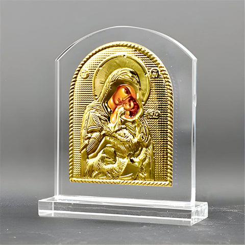 Orthodox Gold Plated Holy Mother Mary & Jesus Glass Icon Plaque Stand