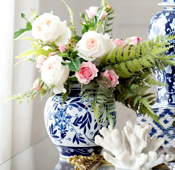 Hamptons Blue & White Floral Ceramic Decorative Ginger Temple Vase