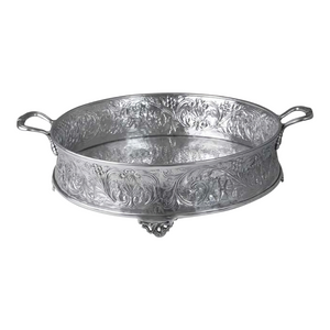 Large Round Silver Aluminium Embossed Tray with Handles