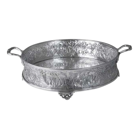 Large Round Silver Aluminium Embossed Tray with Handles