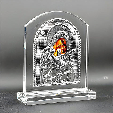 Orthodox Silver Plated Holy Mother Mary & Jesus Glass Icon Plaque Stand
