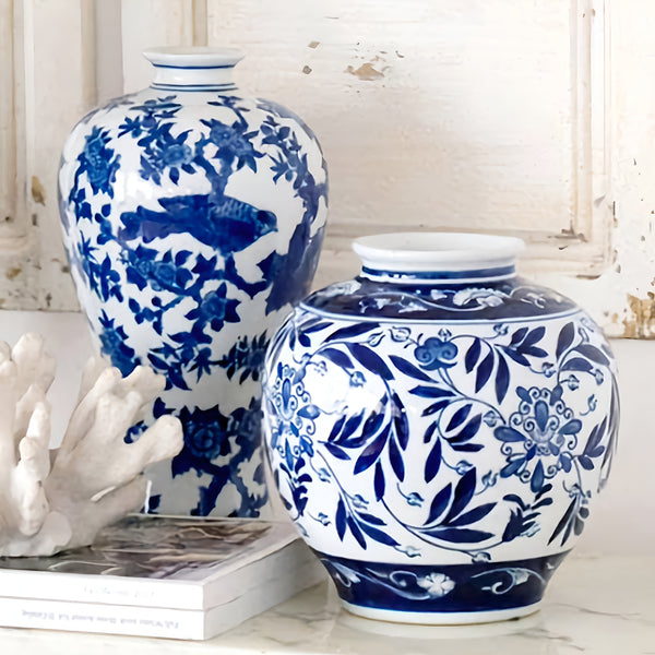 Hamptons Blue & White Floral Ceramic Decorative Ginger Temple Vase