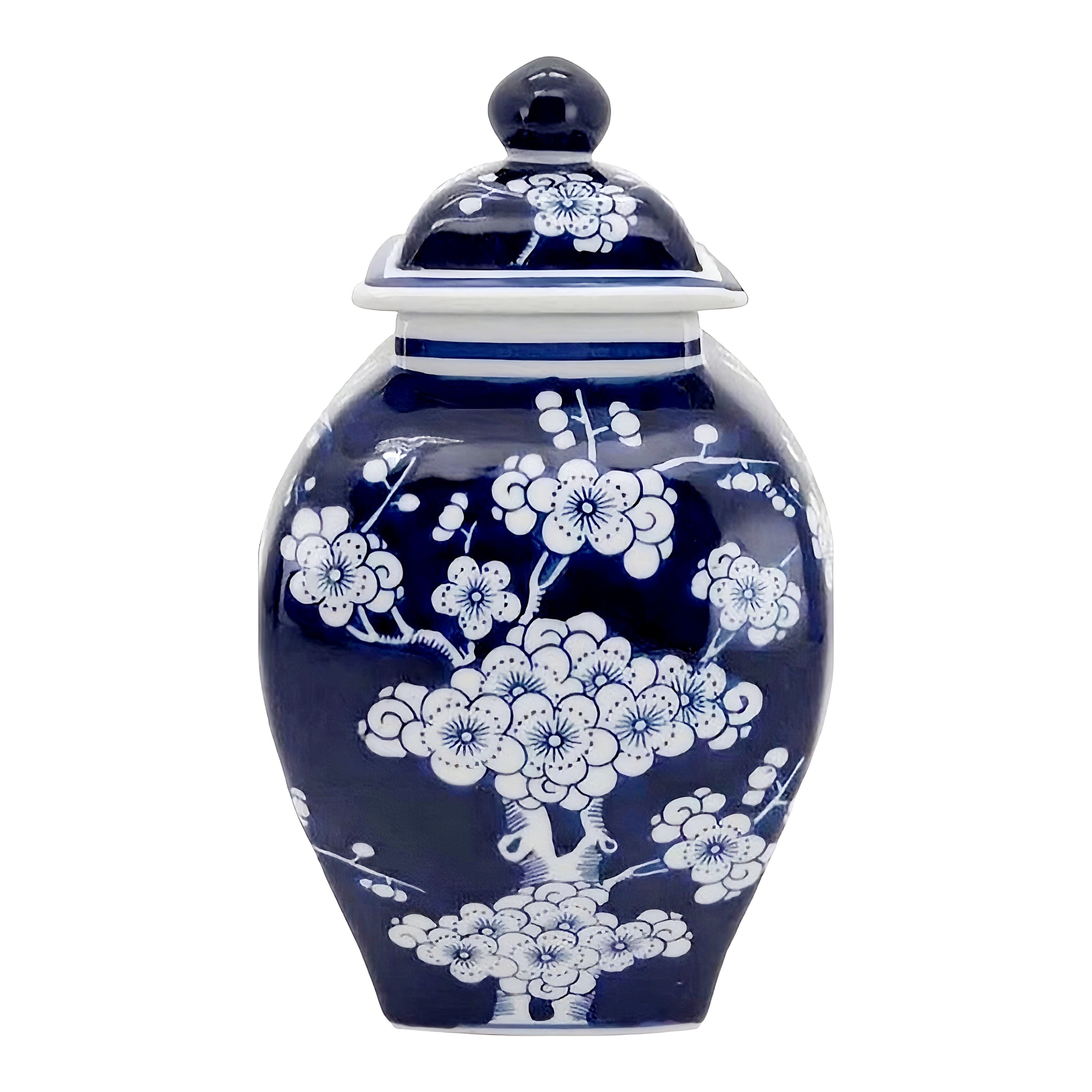 Blue & White Cherry Blossom Decorative Tabletop Temple Jar