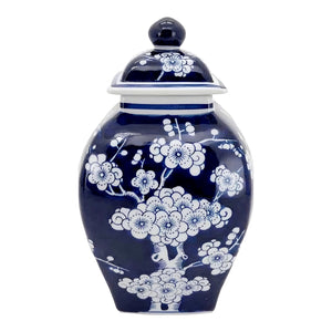 Blue & White Cherry Blossom Decorative Tabletop Temple Jar