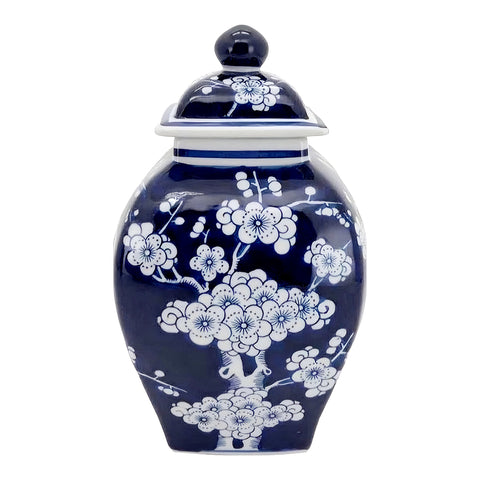 Blue & White Cherry Blossom Decorative Tabletop Temple Jar