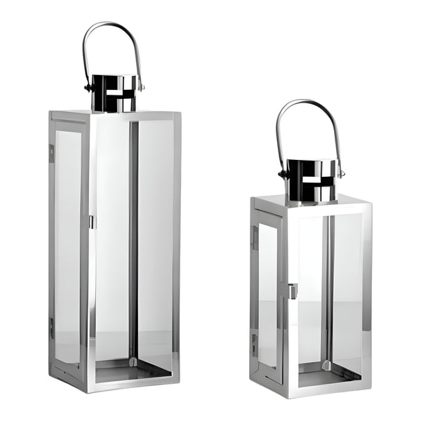 Set 2 Silver Stainless Steel Glass Hurricane Pillar Candle Holder Lanterns with Handles