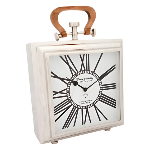 Large Silver Nickel Plated Daniel & Ashley Mantel Clock Wooden Handle