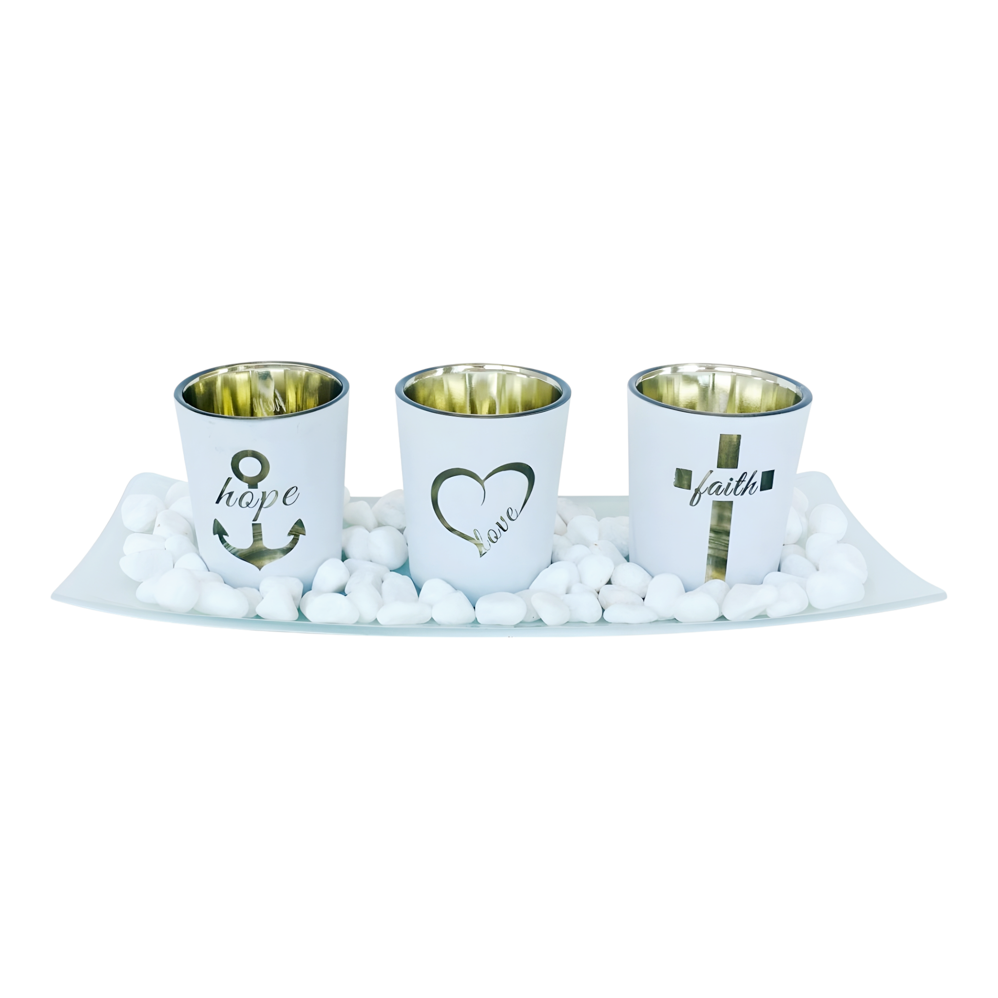 Set 3 White "Hope, Love & Faith" Decorative Glass Tealight Candle Holders with Tray & Pebbles