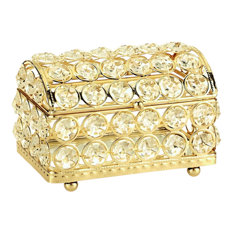 Gold Treasure Chest Jewellery Box & Sparkling Bevelled Glass Crystal Jewels