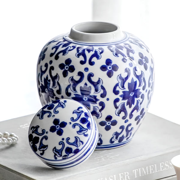 Hamptons Blue & White Floral Ceramic Decorative Ginger Temple Jar