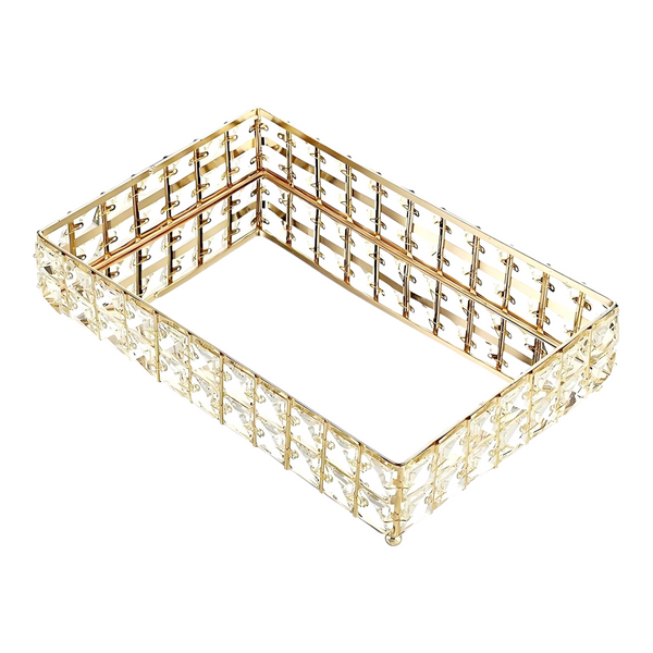 Gold Plated Rectangle Mirror Tray & Sparkling Bevelled Glass Crystal Jewels