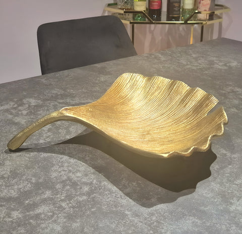 Large Antique Gold Plated Decorative Tabletop Footed Leaf Bowl