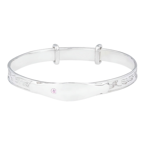 Rhodium Plated Sterling Silver Baby Identity Name Bangle & Pink Cubic Zirconia