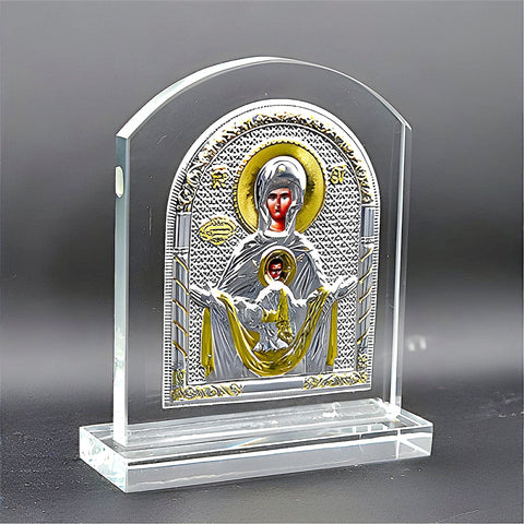 Orthodox Gold & Silver Plated Holy Mother Mary & Jesus Glass Icon Plaque Stand