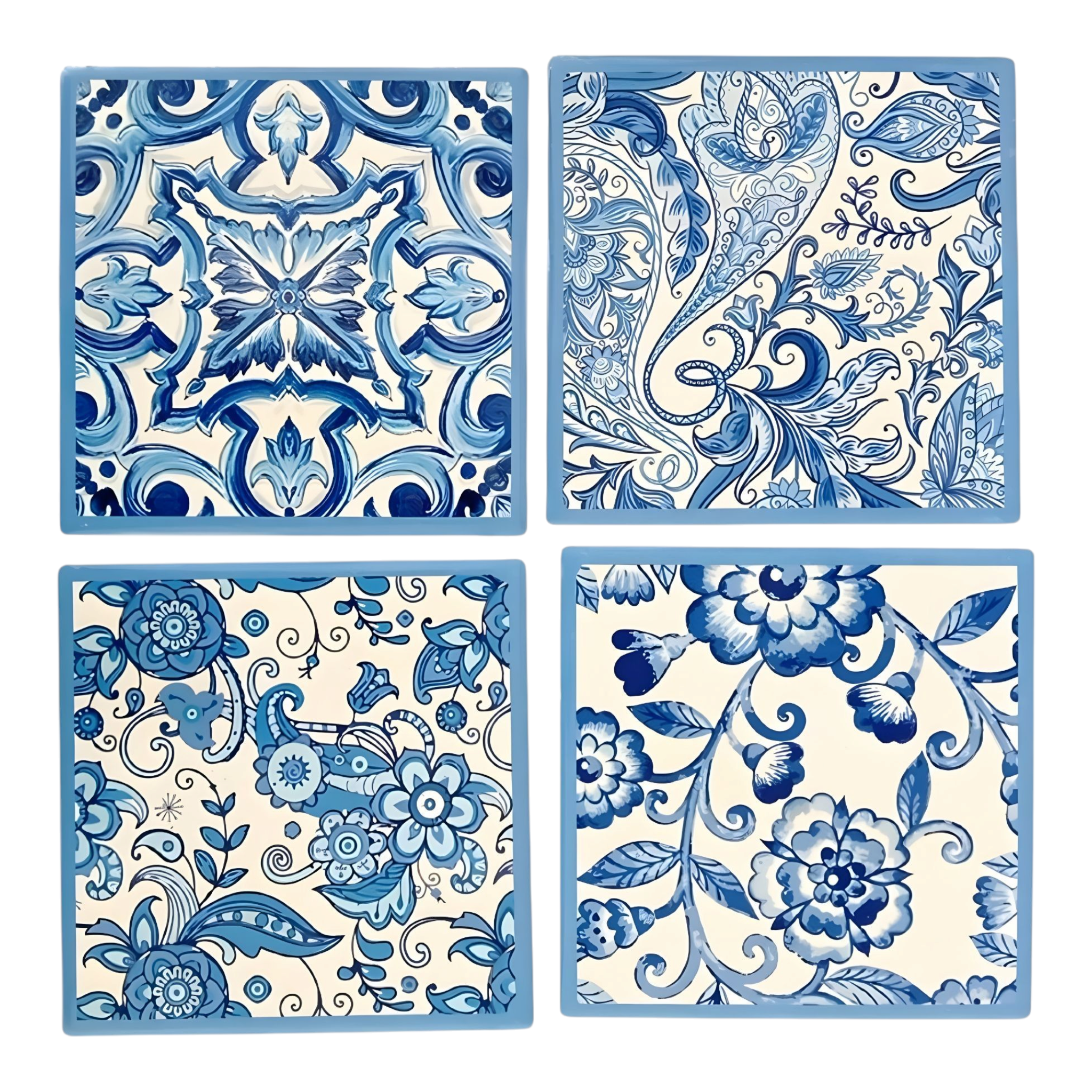 Set 4 Square Blue & White Ceramic Coasters In Box- Flowers