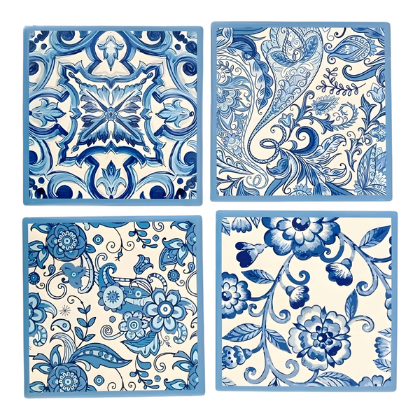 Set 4 Square Blue & White Ceramic Coasters In Box- Flowers