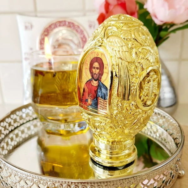Orthodox Gold Plated Double Sided Holy Mother Mary & Jesus Religious Egg Ornament