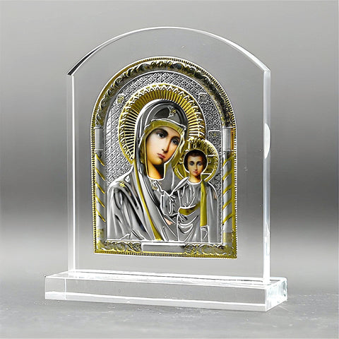 Orthodox Gold & Silver Plated Holy Mother Mary & Jesus Glass Icon Plaque Stand