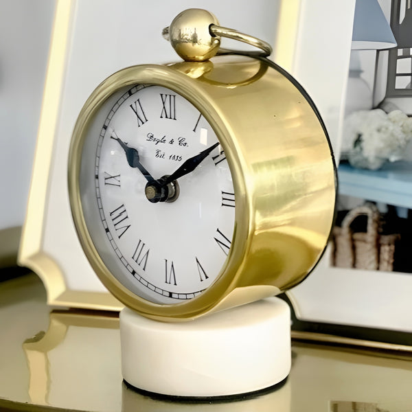 Gold Plated Round Mantel Clock On White Marble Base