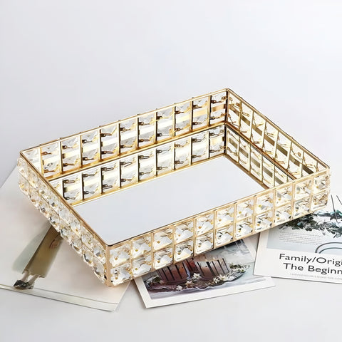 Gold Plated Rectangle Mirror Tray & Sparkling Bevelled Glass Crystal Jewels