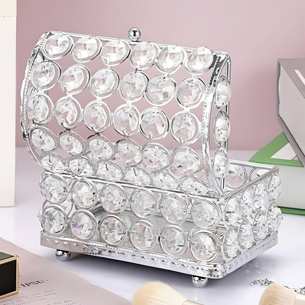 Silver Treasure Chest Jewellery Box & Sparkling Bevelled Glass Crystal Jewels