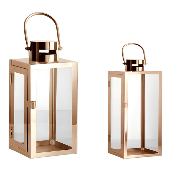Set 2 Rose Gold Stainless Steel Glass Hurricane Pillar Candle Holder Lanterns with Handles