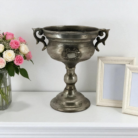 Brushed Antique Silver Rustic Urn Vase with Emblem & Ornate Handles