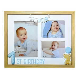 Blue Baby Boy Multi 1st Birthday & Natural Wood Photo Frame