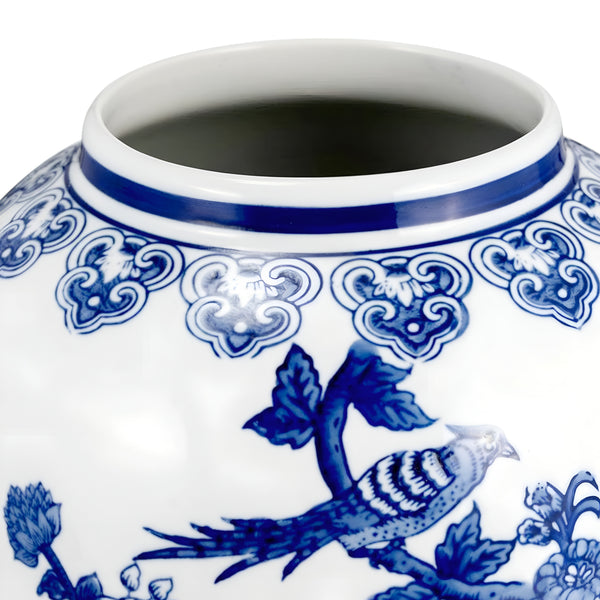 Large Blue & White Floral & Birds Decorative Tabletop Temple Jar